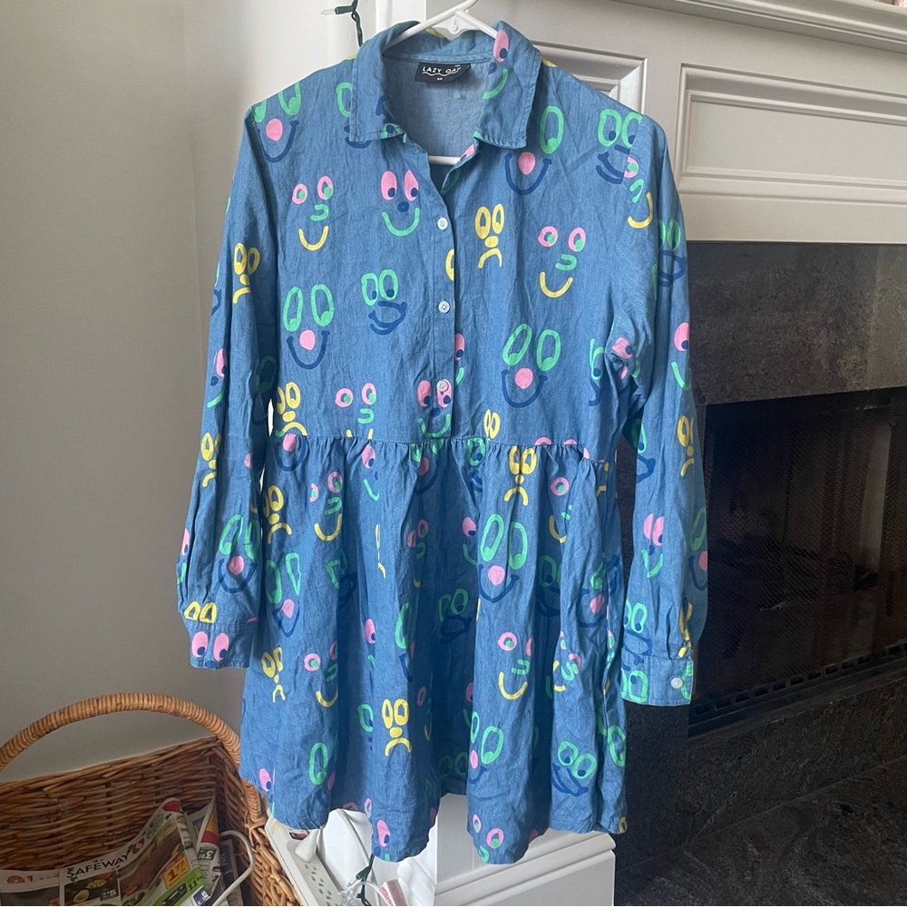 Lazy oaf chambray button down smiley face long sleeved mini dress size small